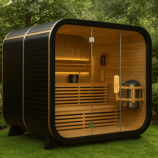 A modern, outdoor Glow sauna with a sleek black exterior and a light wood interior, featuring a full glass front door and rounded, contemporary design.