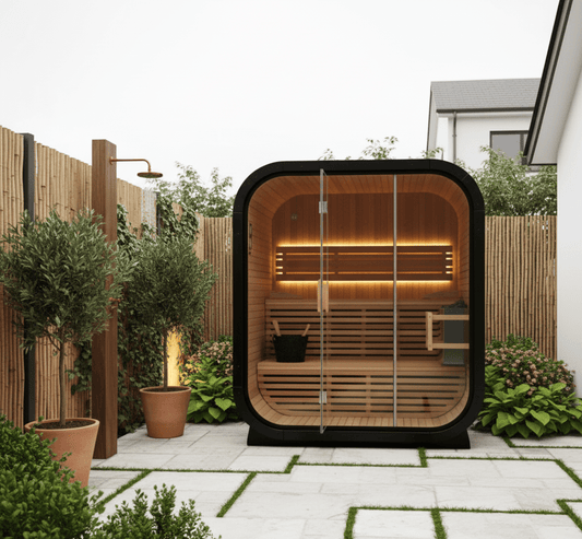 Luxury outdoor sauna in a modern backyard, featuring a sleek black frame, glass doors, and warm interior lighting. Designed as a strategic home improvement to increase property value.