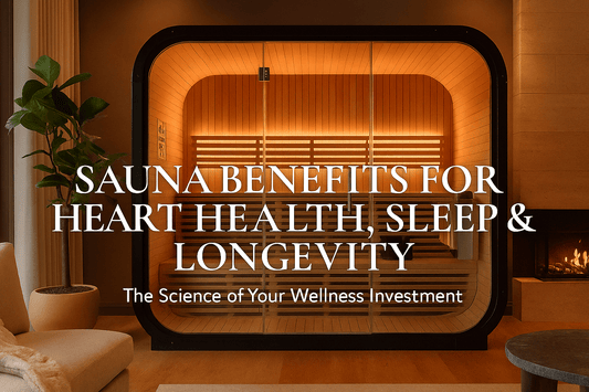 A warm, modern home interior featuring a glowing cedar sauna with glass doors, surrounded by soft lighting, greenery, and elegant white text reading “Sauna Benefits for Heart Health, Sleep & Longevity – The Science of Your Wellness Investment.”