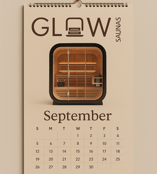 Glow Saunas September 2025 wall hanging calendar featuring a modern luxury sauna design with earthy tones and minimalist style.
