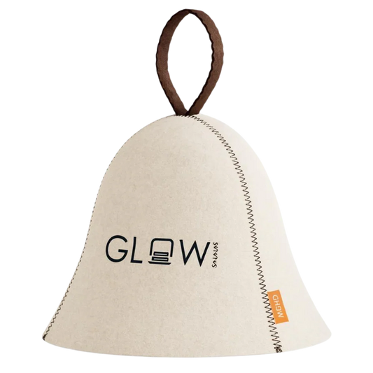 A white Glow Sauna Cap, a 100% natural wool hat designed to protect the head and hair from extreme heat in a sauna.